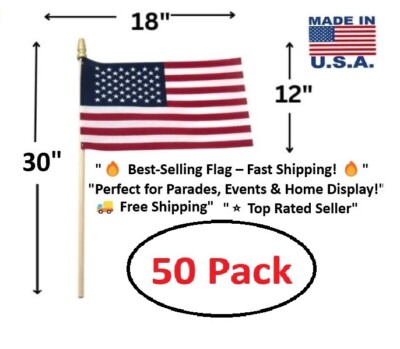 50 Pack Super Tough 12''x18'' US Stick Flag with 30''x3/8'' Wood Staff Made in USA