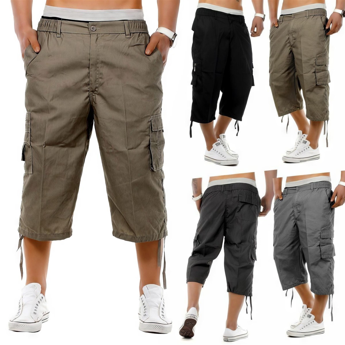 Mens 3/4 Long Length Shorts Elasticated Waist Cargo Combat Three Quarter  Pants