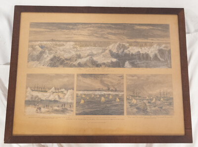 Antique Hand Colored Lithograph Whaling Print  Destruction of the Whaling Fleet 