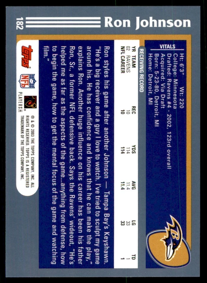 2003 TOPPS RON JOHNSON BALTIMORE RAVENS #182 - Image 2 of 2