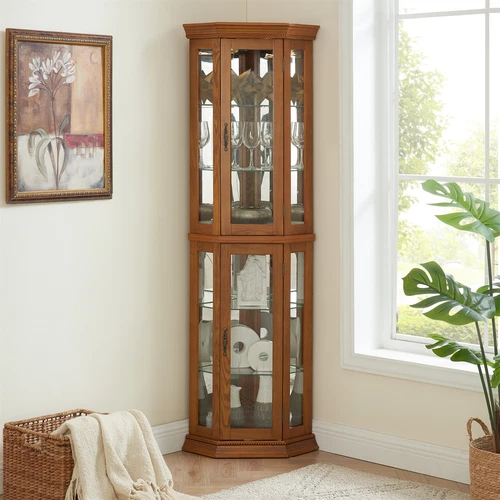 6 Shelf Corner Curio Display Cabinet,69.49"H Lighted Wooden Bar Glass Cabinet - Picture 4 of 47