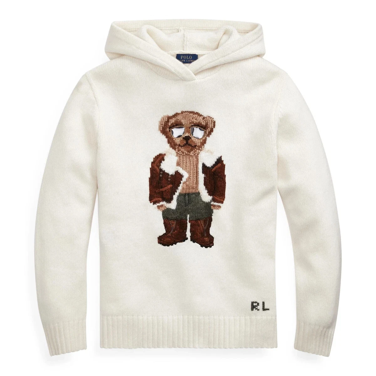 Polo Ralph Lauren Aviator Bear Knit Hoodie Sweater NWT 100 Wool