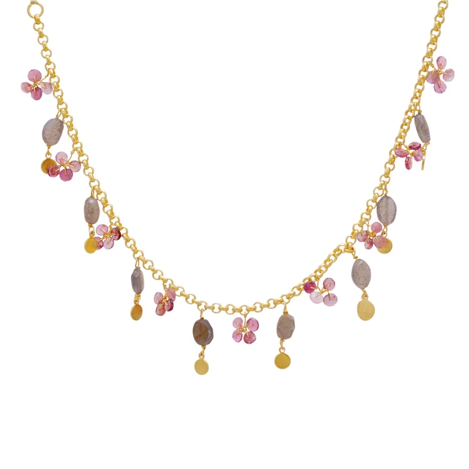 Pink tourmaline floral necklace beads-Labradorite gems 14k gold plated silver - Image 3 of 3