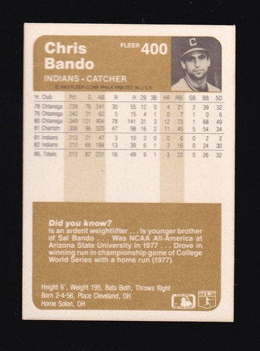 1983 Fleer Chris Bando #400 Cleveland Indians - Picture 2 of 2