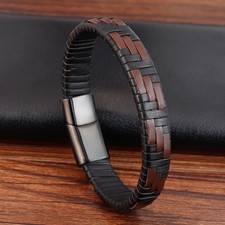 Men s Classic Leather Bracelet Stainless Steel Magnetic Clasp Woven Charm Gift
