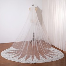 Cathedral Wedding Veil with Sequins Lace  Blusher Long Bridal Headpiece Tulle