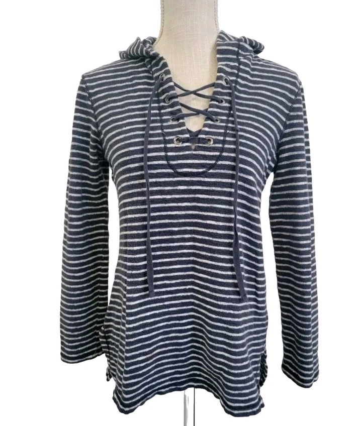 Camisa con Capucha Max Edition Azul Rayas Talla S Algodón Puro Terry Corbata Frontal Top Usada en Excelente Condición Foto 2 de 4