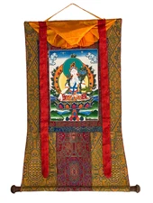 HAND-PAINTED WHITE TARA TIBETAN THANGKA COMPASSION GODDESS ART WITH SILK BROCADE