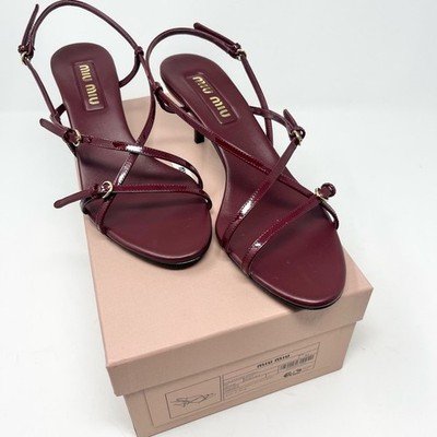 Miu Miu Vernice Strappy Slingback Sandal Burgundy Patent Leather Size 41 EU