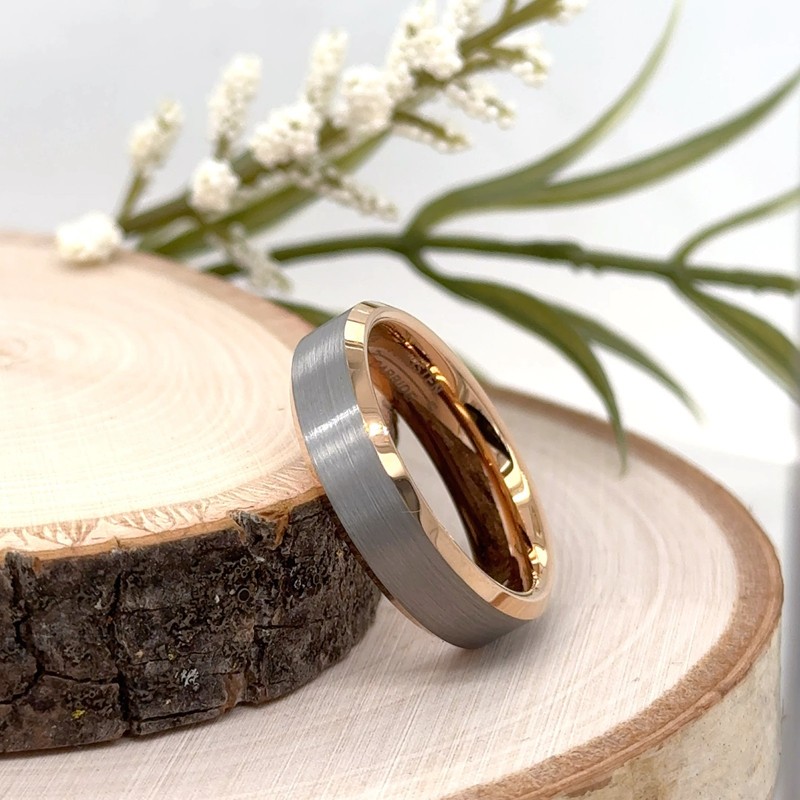 6mm Shiny Rose Gold Tungsten Ring Silver Brushed Finish Band for Christmas Gifts