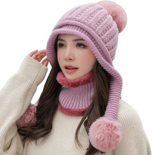 Women Winter Beanie Hat Circle Scarf Set Fleece Lined Pom Pom Ear Flap Warm