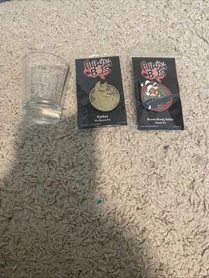 Helluva Boss Lot. 2 Pins And Shot Glass. Vortex And Moxxie