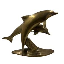 Vintage Large Solid Brass 2 Swimming Dolphins Playful Sculpture Figurine Statue