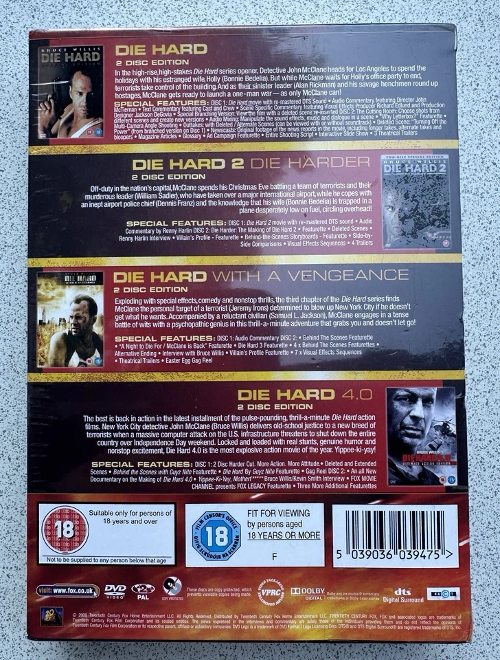 **SEALED** DIE HARD QUADRILOGY 4 Movies 8 Discs DVD Box Set Rated 18 - Region 2 - Image 2 of 2