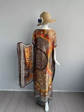 Luxurious Silk-Feel Leopard Print Kaftan Maxi Dress with Matching Scarf
