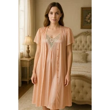 Vintage Vassarette Peach Nylon Nightgown & Robe Set Lace Trim USA Size P/S