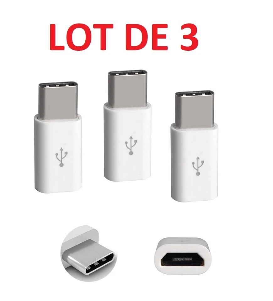 Pack 3 Adaptateurs Micro USB Femelle vers USB-C Mâle – Blanc – Charge Données - Photo 2/4