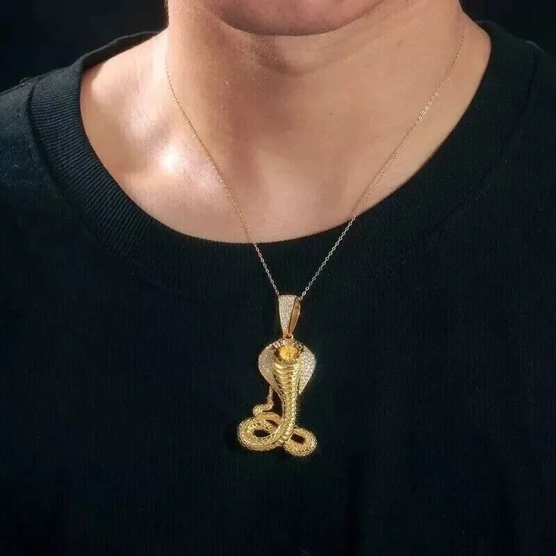 Men's Cobra Snake Charm Pendant 14k Yellow Gold Over 1 Ct Round Cut CZ Chain 18" - image 2 of 4