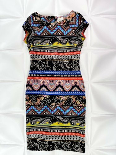 Beige by ECI Sz 6 Colorful Striped Paisley Print Stretchy Shift Midi Dress s