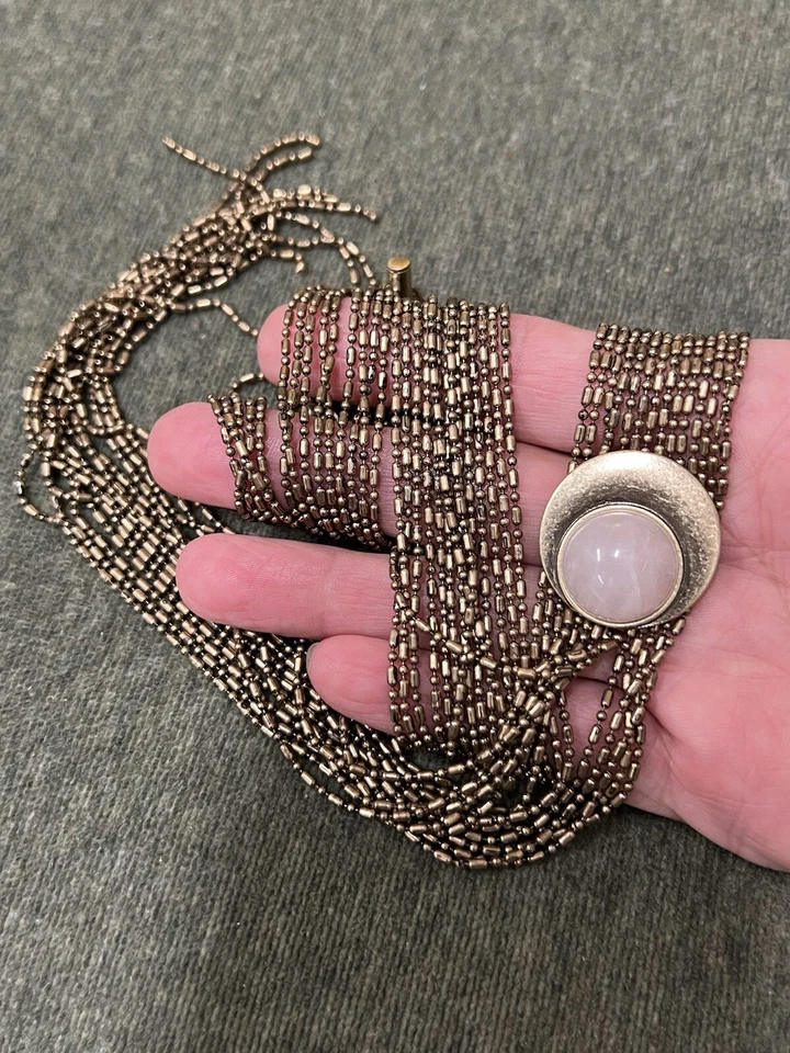 Pingente de pedra preciosa de quartzo rosa Lg Deusa Lua em colar longo Lariat corrente múltipla - Imagem 3 de 3