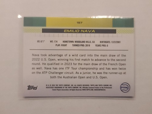 2024 Topps Chrome Tennis Emilio Nava 1st #197 Clay Court Refractor Parallel - Picture 2 of 2