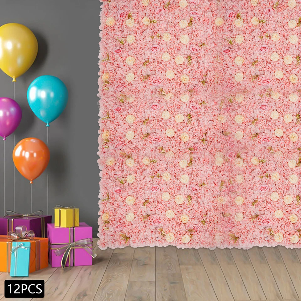 Panel de pared de flores 3D-12 piezas fondo de pared de flores artificiales rosa de seda boda Foto 2 de 4