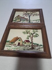 Vintage 2-Old Framed Needlepoint Cross Stitch Country Scene Handmade Needle
