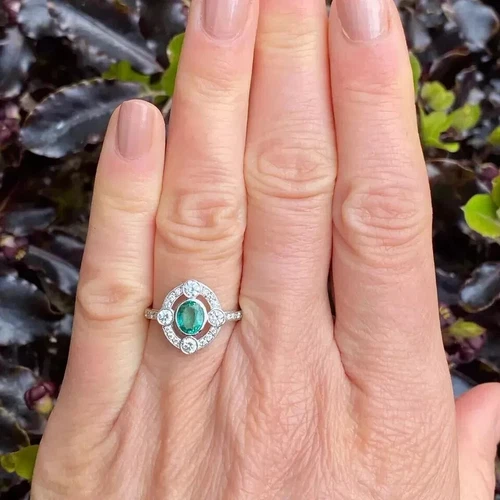 Art Deco Style 1.5Ct Oval Emerald & Lab Created Diamond 14k White Gold FN Ring