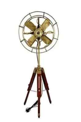 Vintage Style Modern Studio Brass Floor Fan with Wooden Adjustable