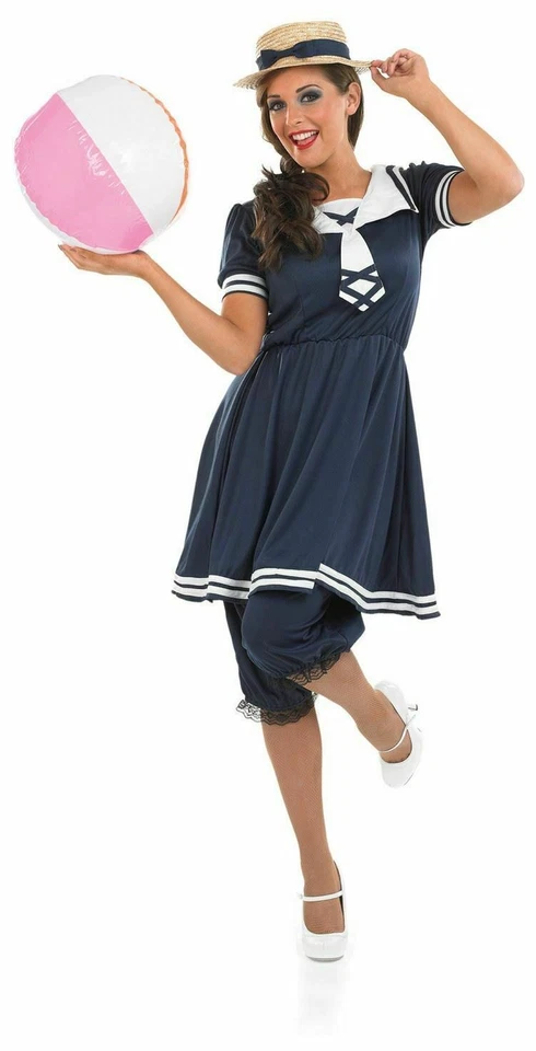 Womens Blue Victorian Bathing Costume Ladies 1920s Swimsuit Fancy Dress S - XXL - Image 3 of 4