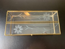 Vintage Brass Clear Etched Glass Jewelry Trinket Necklace Box Flower EUC Long