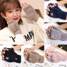 Womens Girl Soft Half-finger Gloves Winter Warm Flip Velvet Touch Screen Mittens