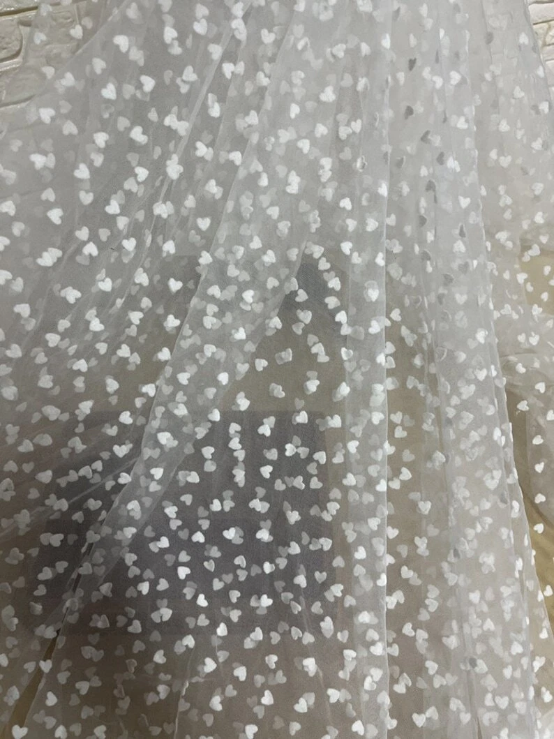 OFF WHITE Tessuto di pizzo a pois in tulle bianco sporco cuore floccato pizzo per veli abiti