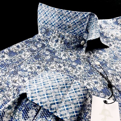 Robert Graham Geometric Floral Honeycomb Print Sport Shirt Blue Medium $198