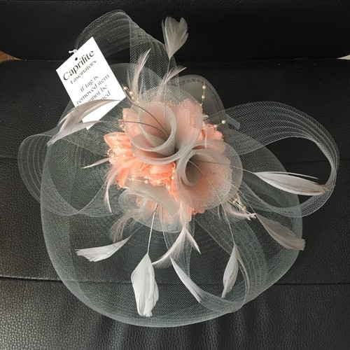 Silver Grey and Peach Pink Fascinator 