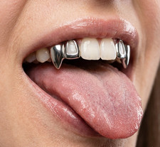 Custom Fit Silver Upper Top Teeth Double Open Face Vampire Fangs Grillz 2pc Set