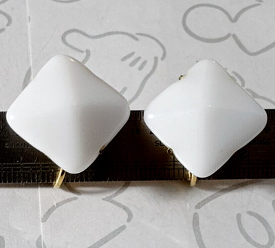 Miriam Haskell White Milk Glass Vintage Gold Tone Square Clip On Earrings