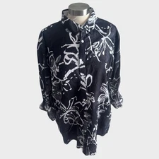 INC International Concepts Linen Cotton XL Black White Floral Button Shirt 