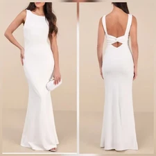 Lulus Love In Your Eyes Black Knotted Mermaid Maxi Dress White NEW Sz M Stretch