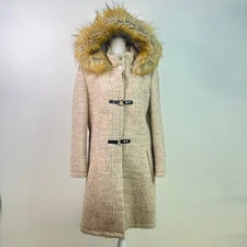 Ivanka Trump Womens Wool Coat 16 Beige Toggle Buckle Faux Fur Hood Winter Jacket