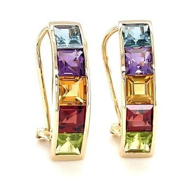 14k Yellow Gold Rainbow Gem Drop Earrings Signed T&C Gorgeous Gift!