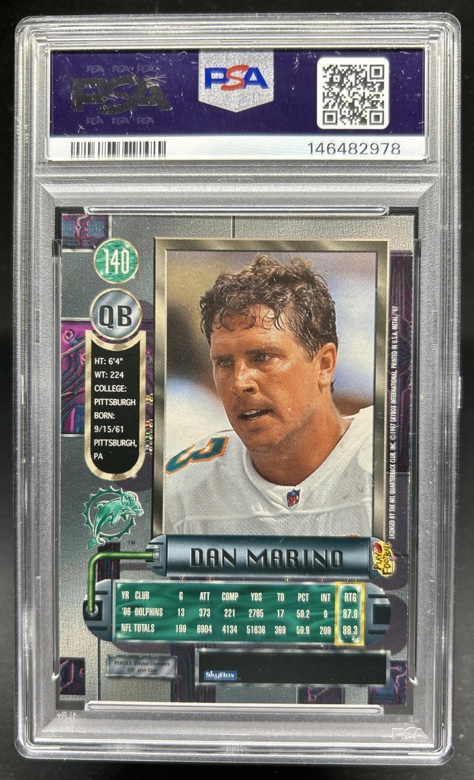 1997 Skybox Metal Universe Dan Marino #140 Dolphins PSA 8 view 2