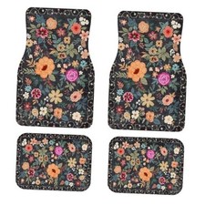 Premium Linen Boho Car Floor Mats Full Set, Vintage Floral Bohemian Floral