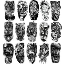 Animal Temporary Tattoos, 15-Sheet Black Tiger Lion 8.2 x 4.4 Inch,