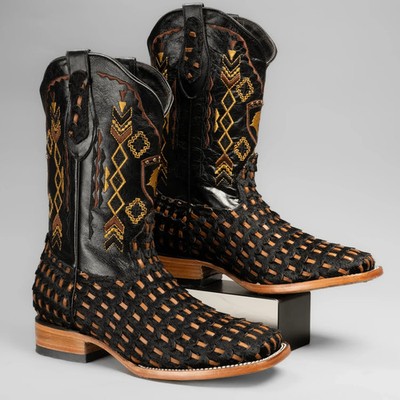 Genuine Braided Leather and Cowhide Hair Square Toe Cowboy Western Boots - Black
