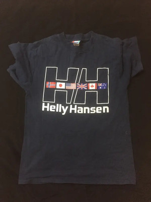 Vtg 90s Helly Hansen Twin Sail Flags Big Logo T-Shirt Mens L Size Navy Blue