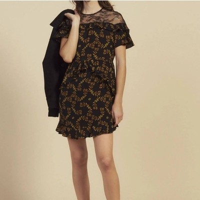 SANDRO Paris Alderic Black Floral Print Ruffle Lace Mini Dress Small/FR 36 $395