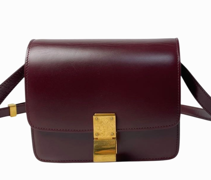 CELINE Classic Box Small Shoulder Bag Bordeaux Leather Gold Hardware Italy