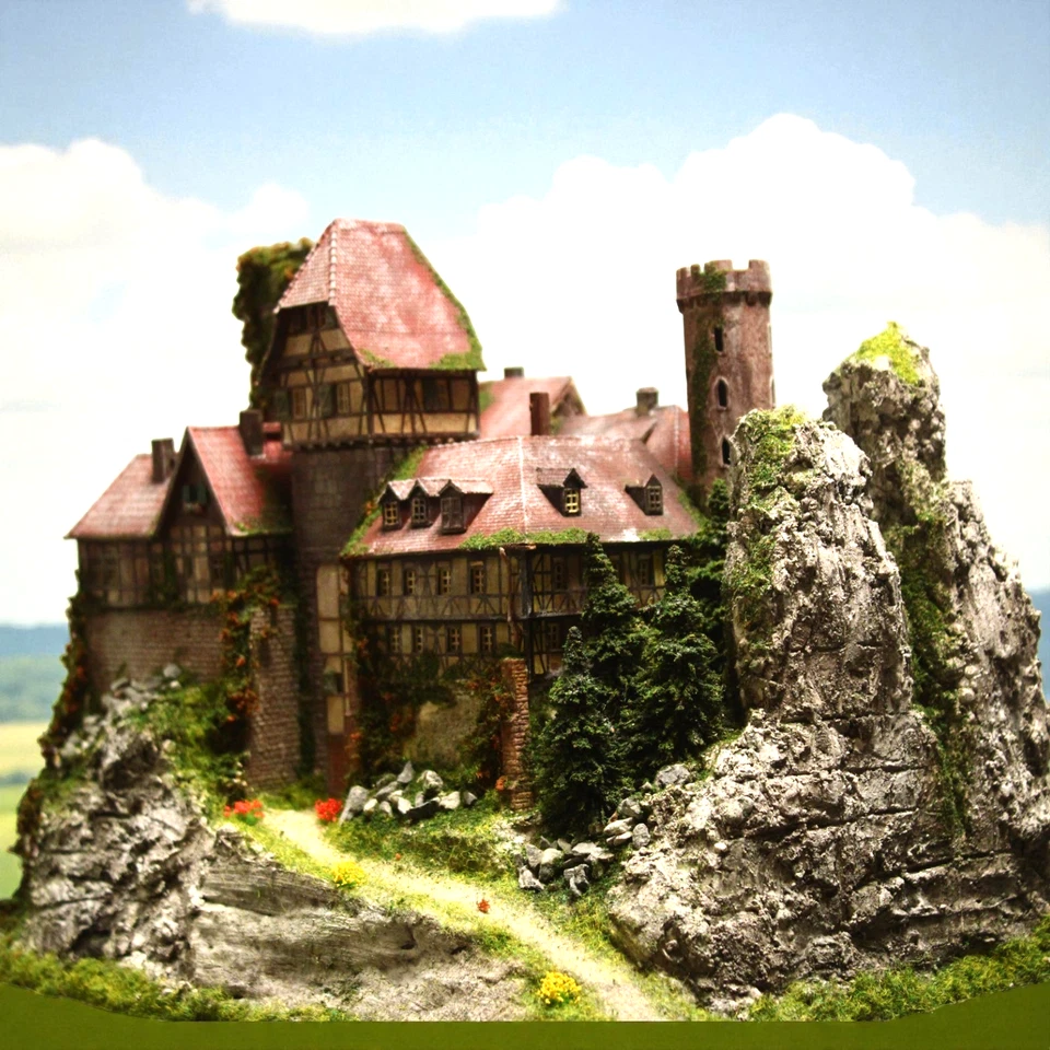 Diorama Burg HIRSCHENBERG H0 Hintergrund Berg Granit Felsen patiniert begrünt