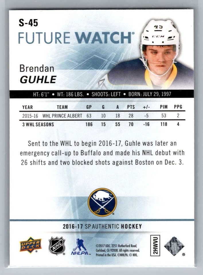 2016-17 SP Authentic #S-45 Brendan Guhle Buffalo Sabres Spectrum Gold #/50 - Image 2 of 2